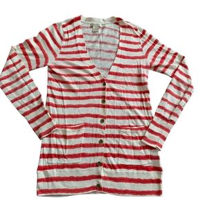 ​Lucky Brand Red White Striped Longline Cardigan XS Boho Coastal Nautical Preppy